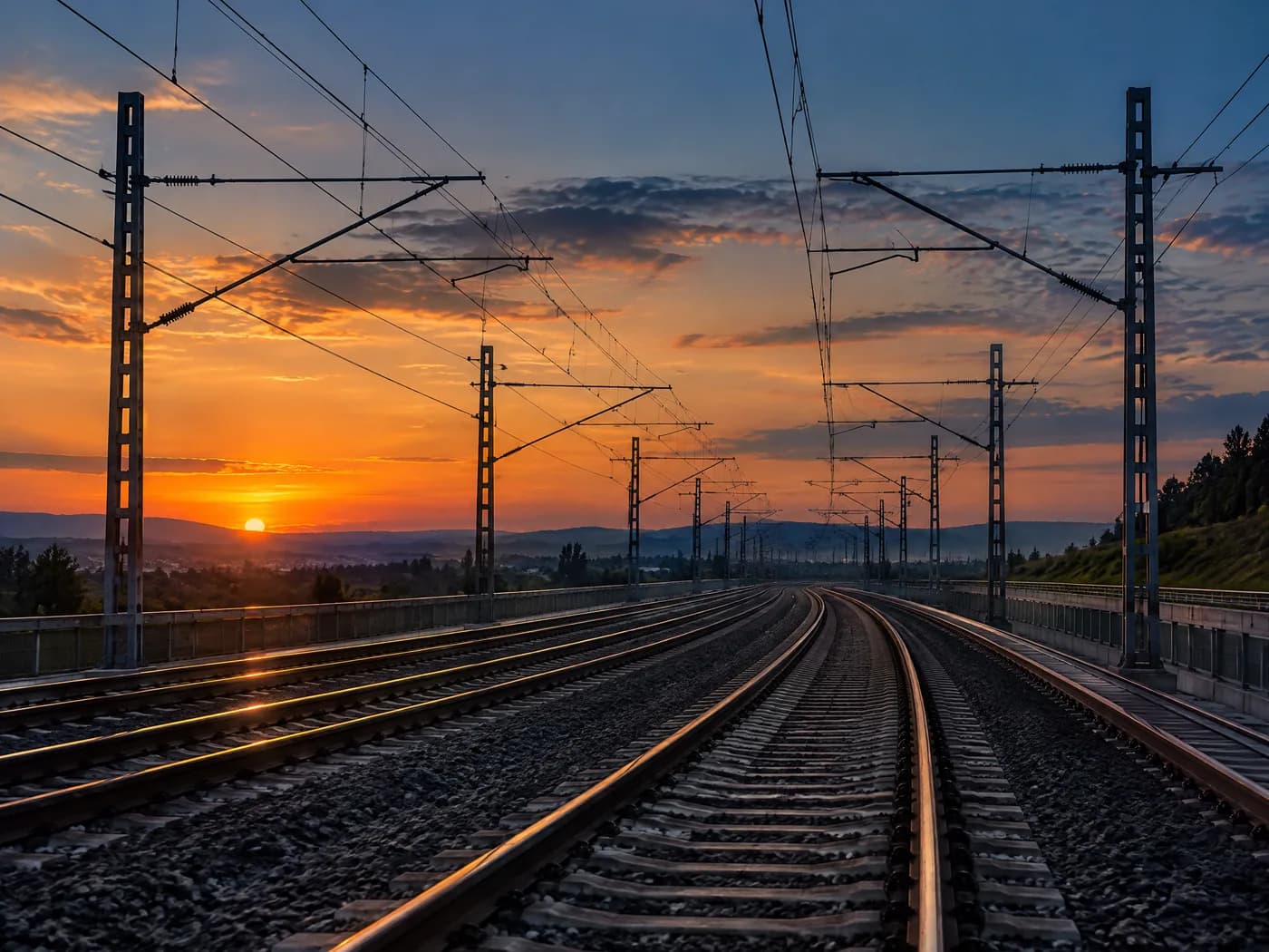Des voies ferrées électrifiées au crépuscule