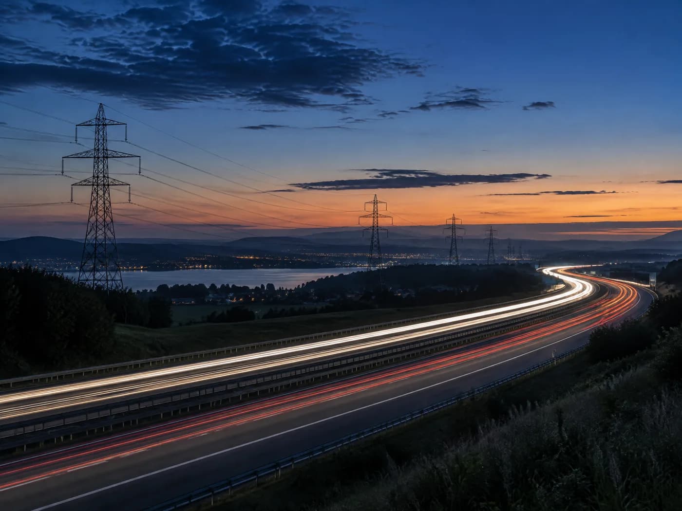 Une autoroute à la nuit tombante, traînées de phares et lignes à haute tension