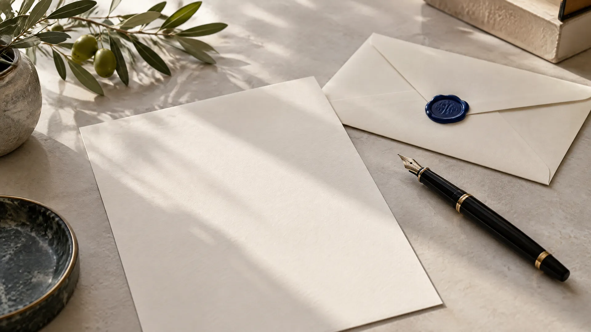 Une feuille de papier crème, un stylo plume et une enveloppe scellée à la cire, avec un rameau d'olivier
