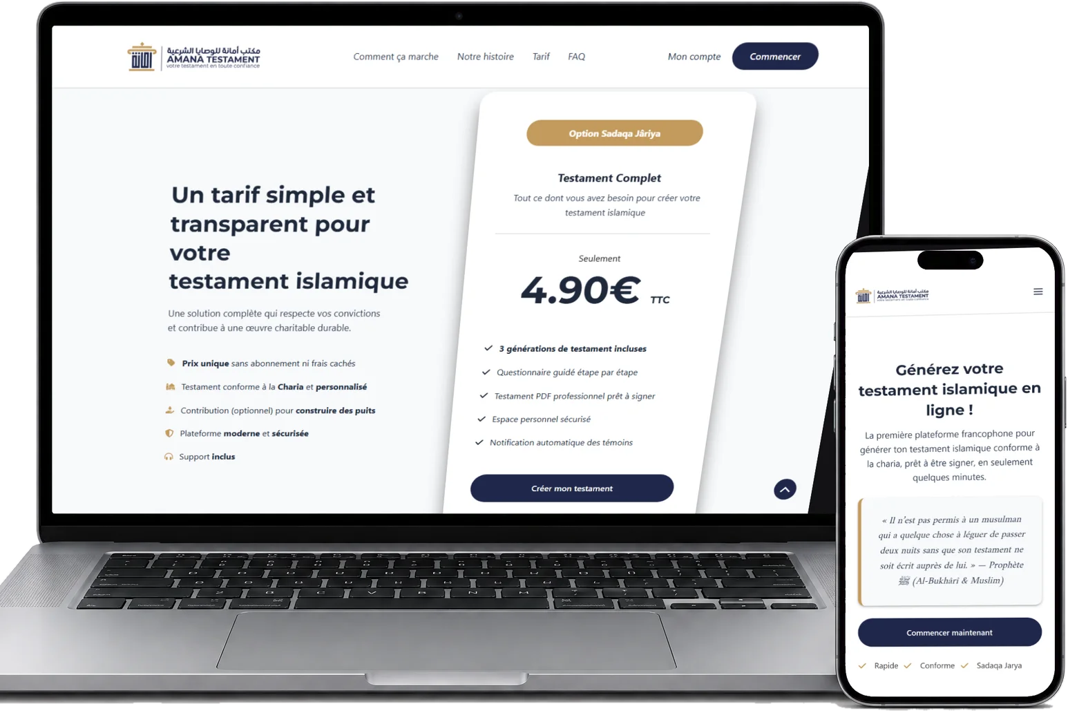 Amana Testament sur un ordinateur portable et un iPhone, vus de face