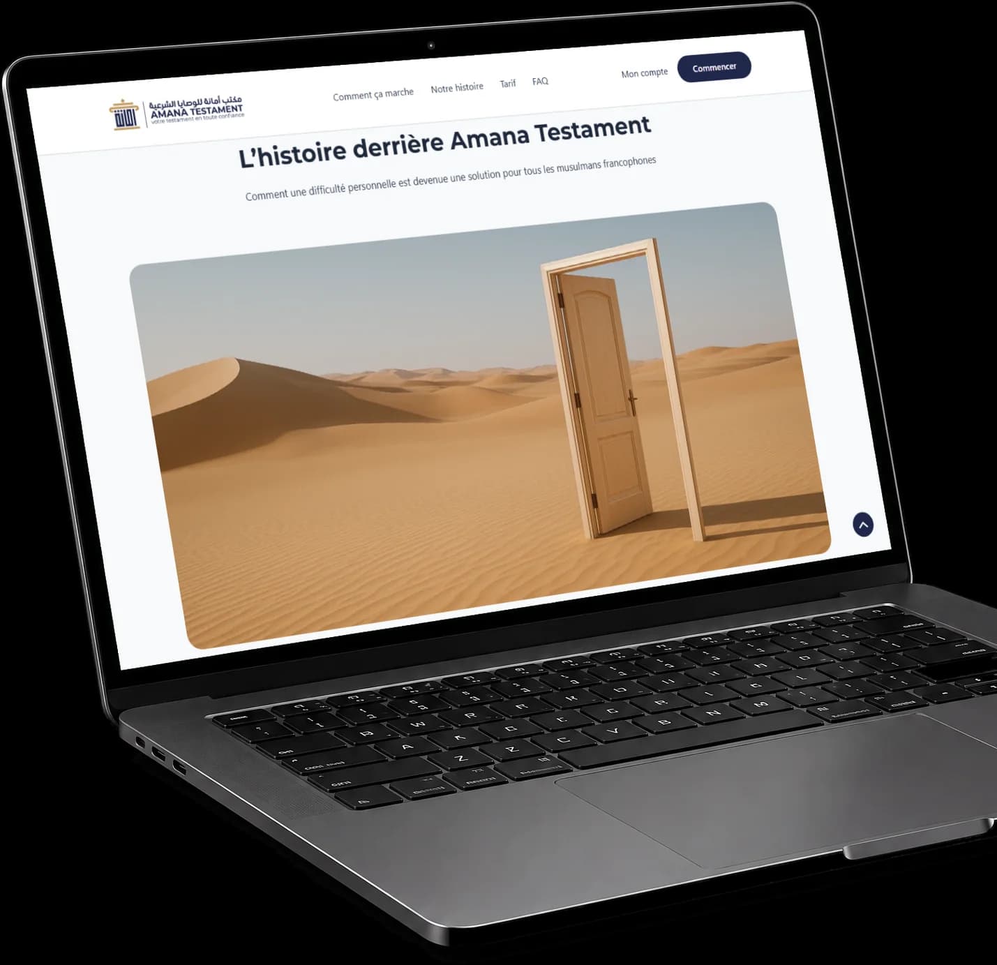 La section L'histoire derrière Amana Testament sur un ordinateur portable, sur fond noir