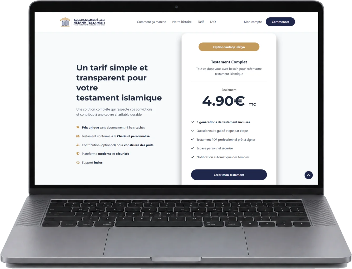 La section tarif d'Amana Testament sur un ordinateur portable vu de face