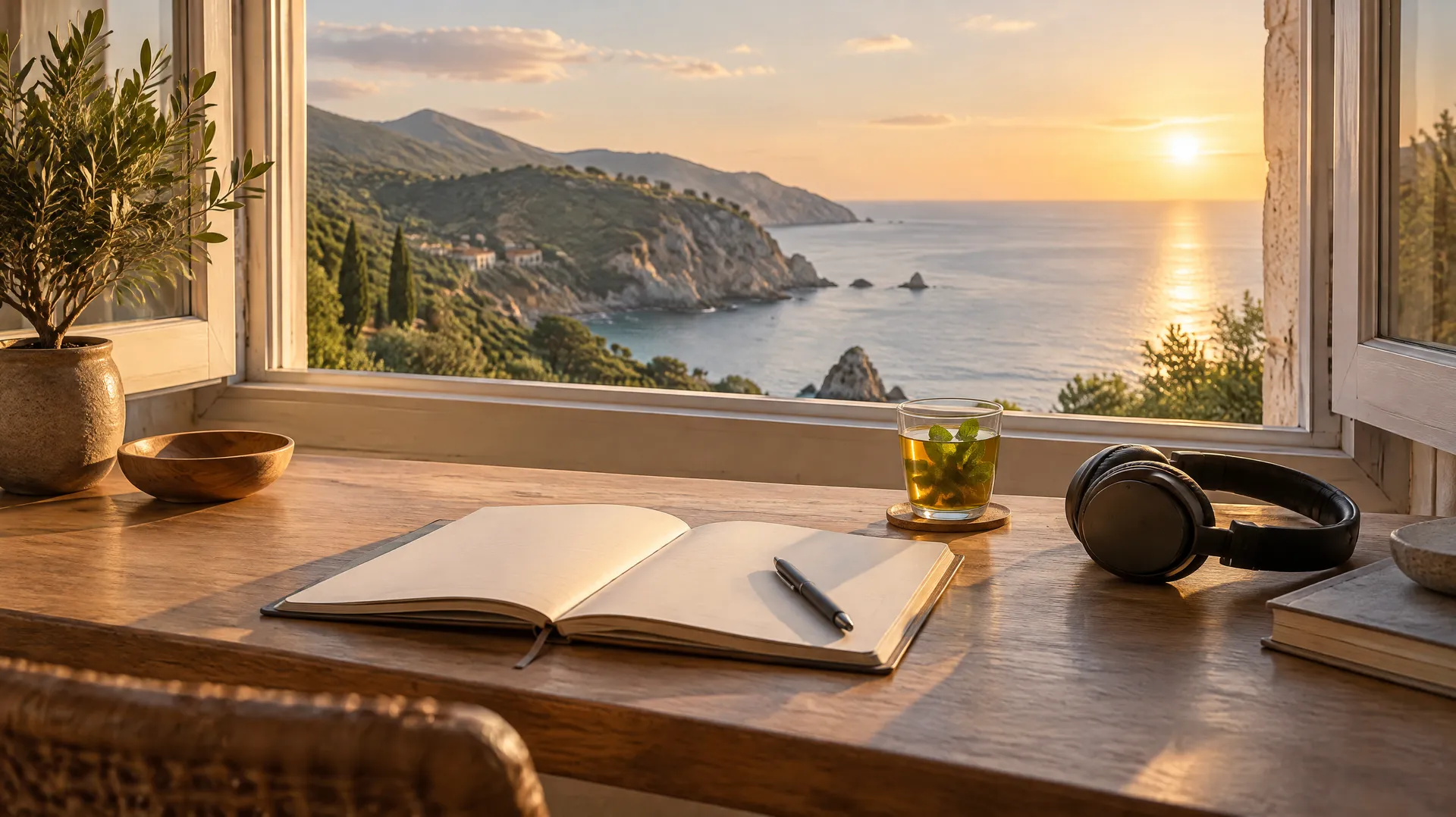 Un bureau devant une fenêtre ouverte sur la côte méditerranéenne au coucher du soleil, un carnet, un casque et un thé à la menthe
