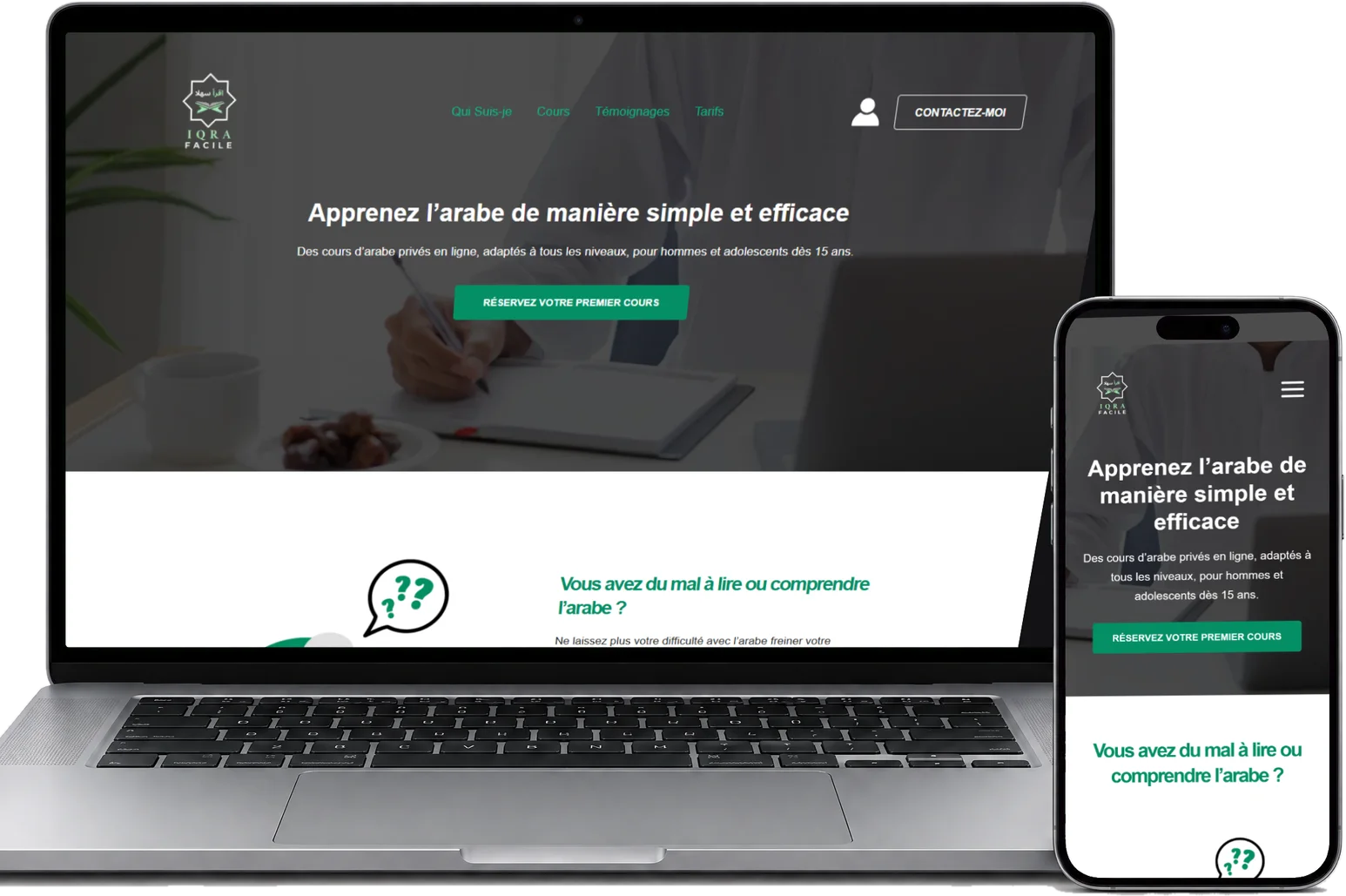 Le site IQRA Facile sur un ordinateur portable et un iPhone, vus de face