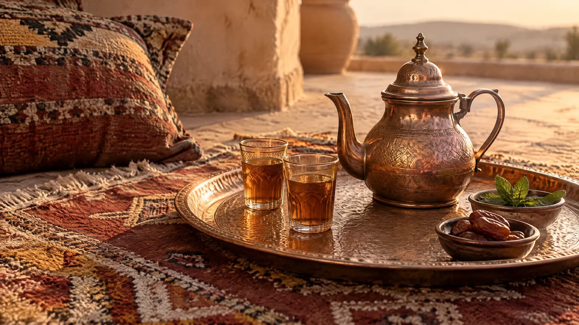 Un plateau en cuivre ciselé avec une théière et deux verres de thé, posé sur un tapis berbère