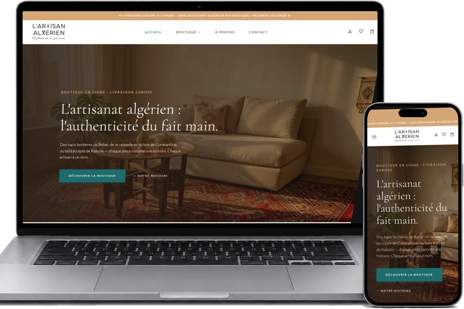 La boutique L'Artisan Algérien sur un ordinateur portable et un iPhone, vus de face