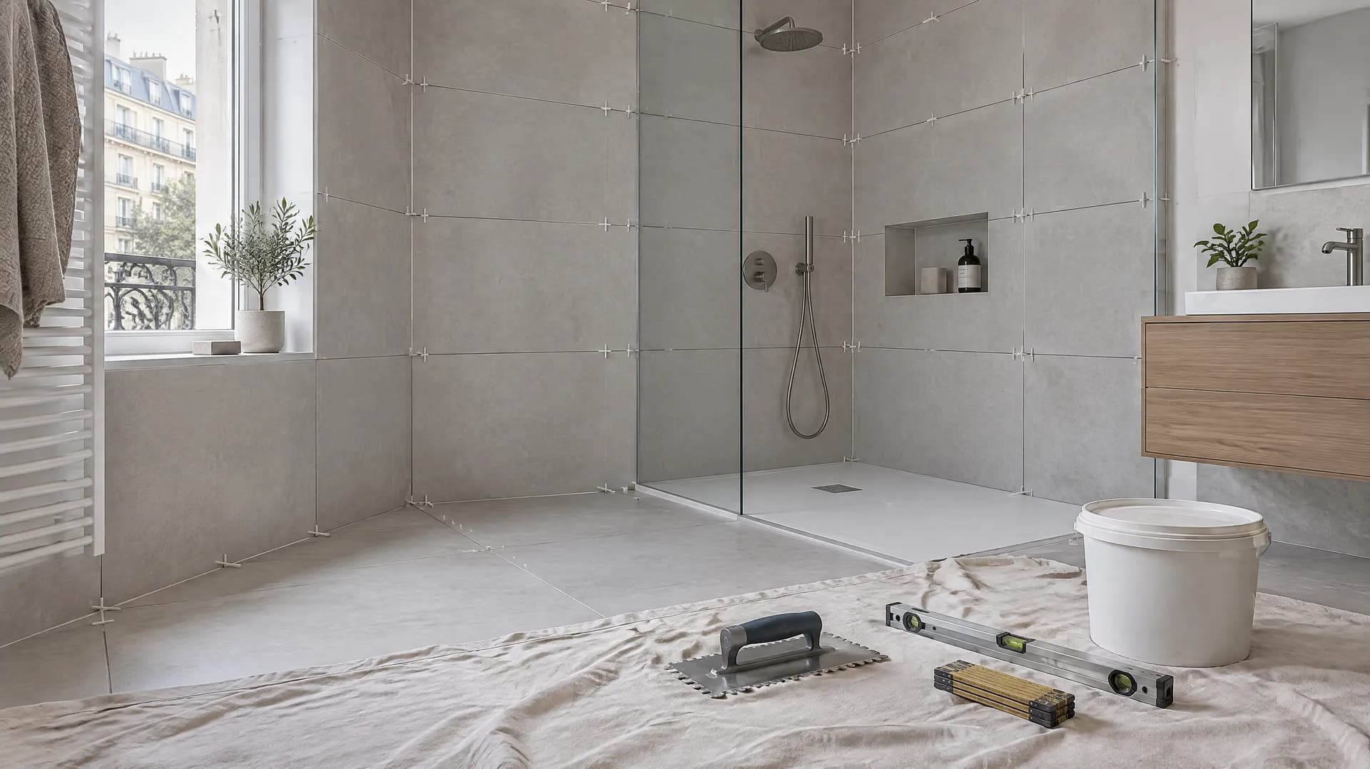 Une salle de bain en fin de rénovation, avec une truelle, un niveau et un mètre posés sur une bâche