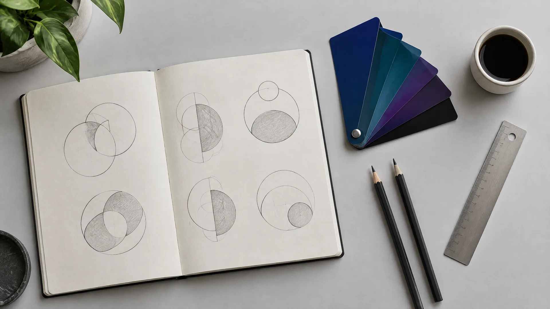 Un bureau de graphiste vu du dessus : carnet de croquis de logos, nuancier, crayons et café