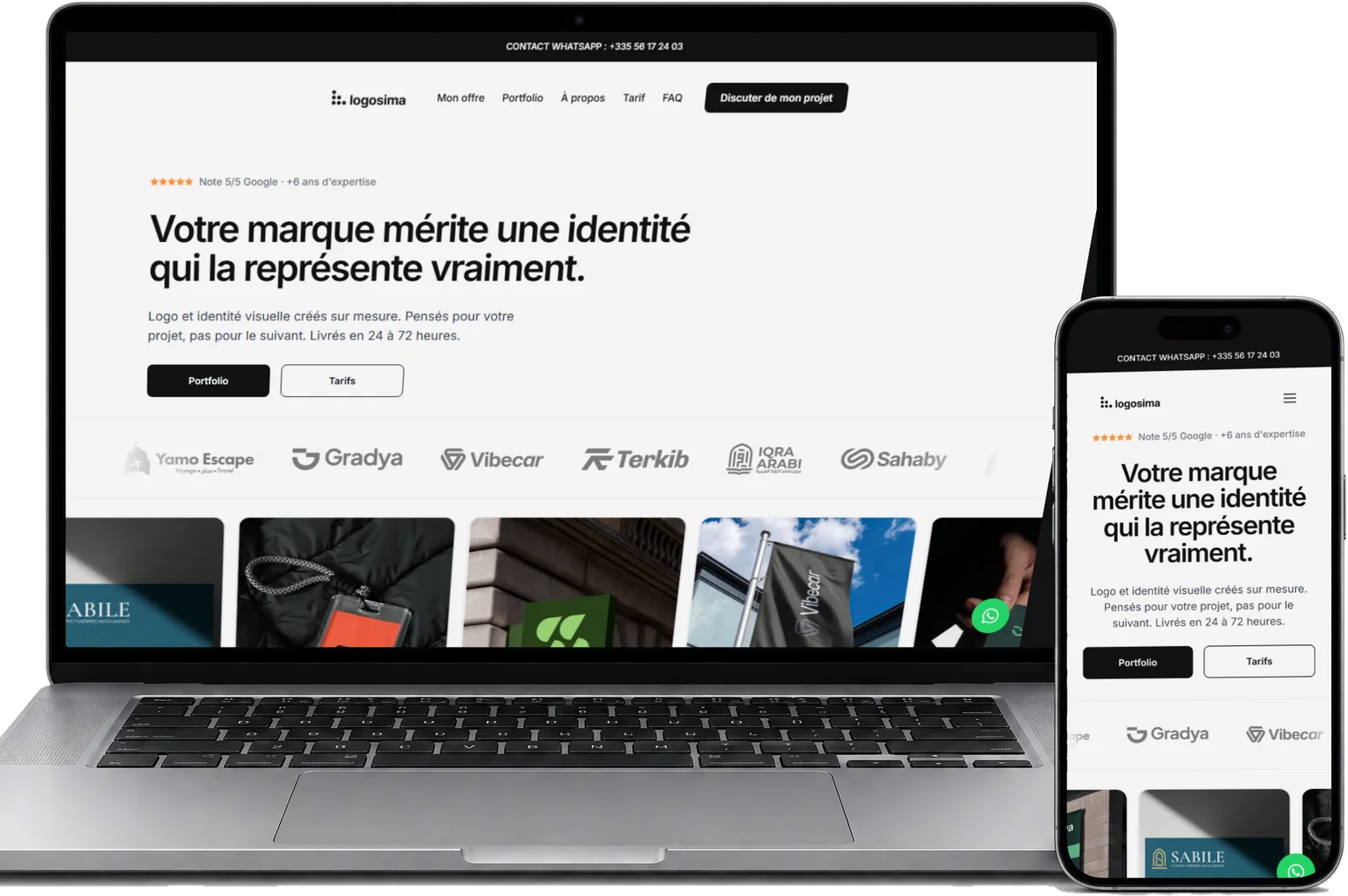 Le site Logosima sur un ordinateur portable et un iPhone, vus de face