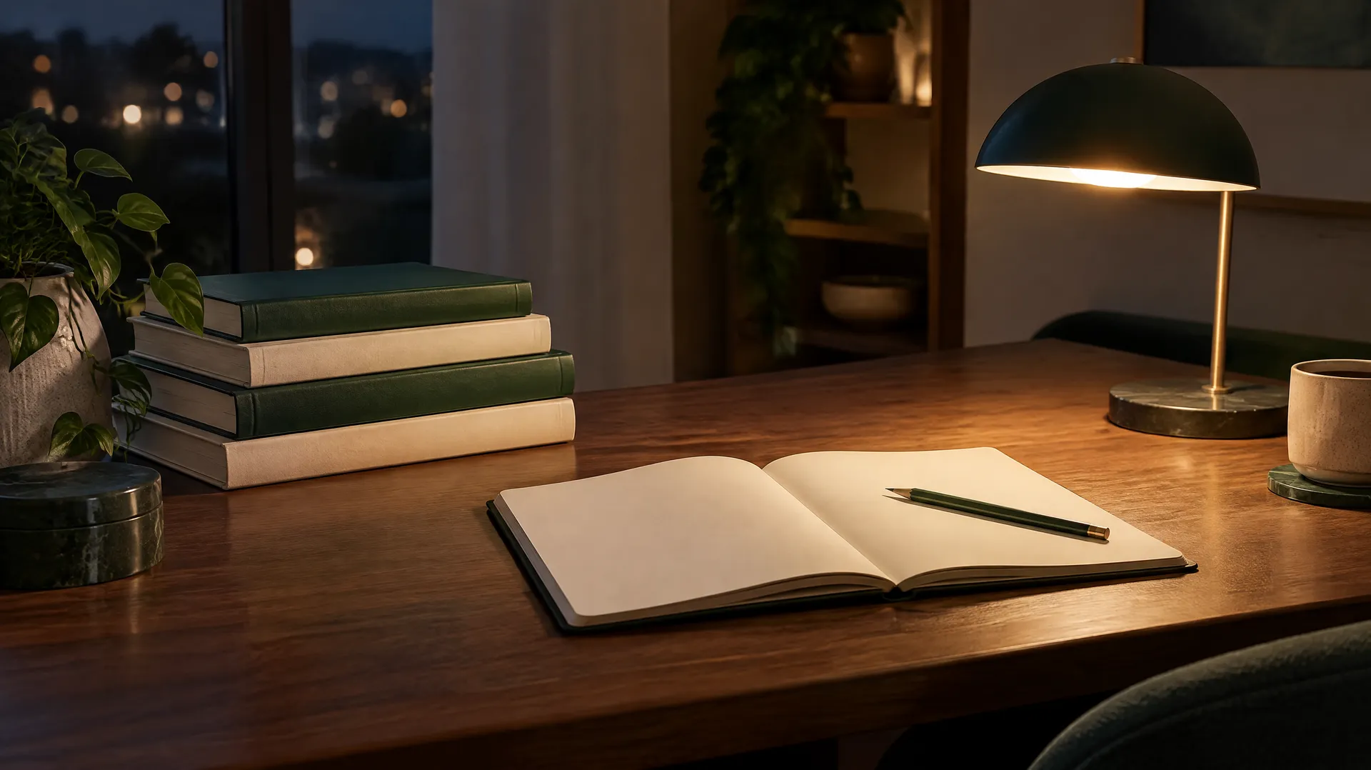 Un bureau de lecture le soir : une pile de livres reliés verts, un carnet ouvert et une lampe chaude