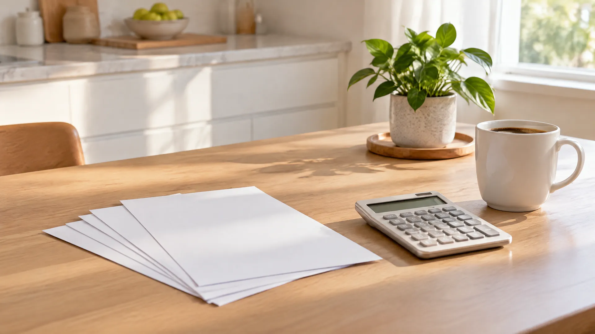 Une table de cuisine claire le matin, quelques factures vierges, une calculatrice et une tasse de café