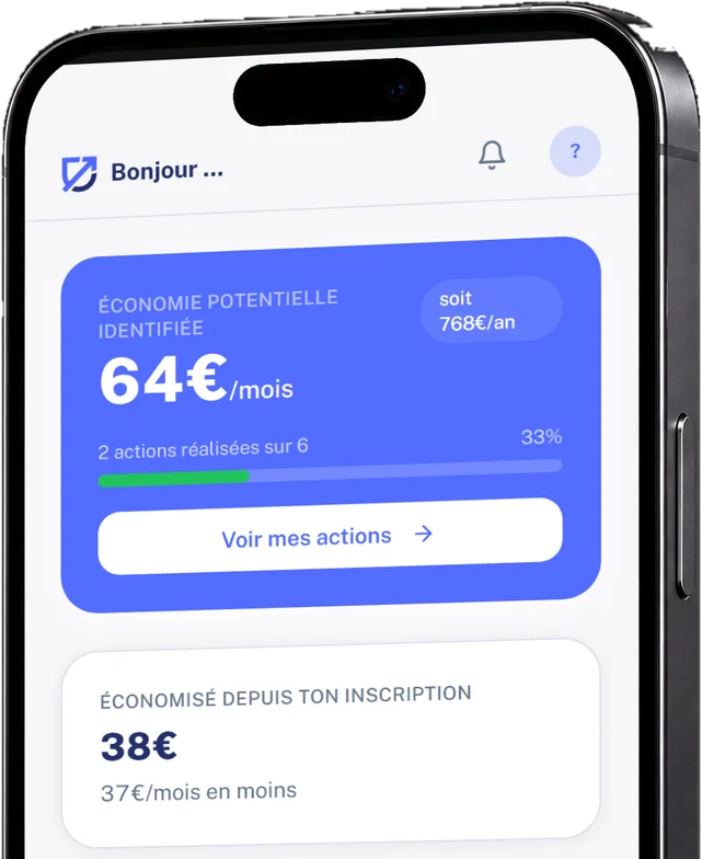 Le tableau de bord de SmartSaver sur un iPhone vu de face, avec l'économie mensuelle identifiée