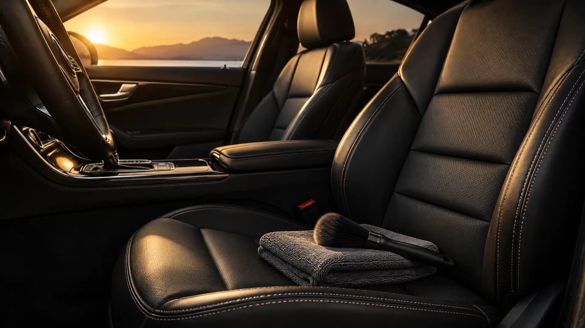 L'intérieur cuir d'une voiture, impeccable, avec une brosse et un chiffon posés sur le siège