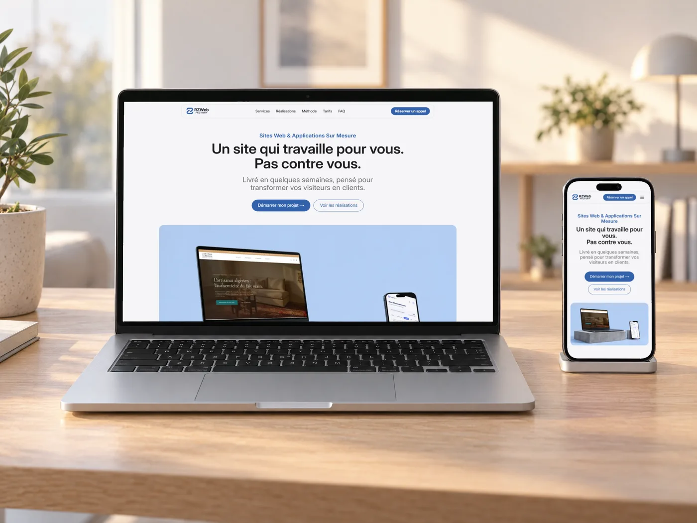 Le site RZ Web Factory sur un ordinateur portable et un téléphone, sur un bureau en bois