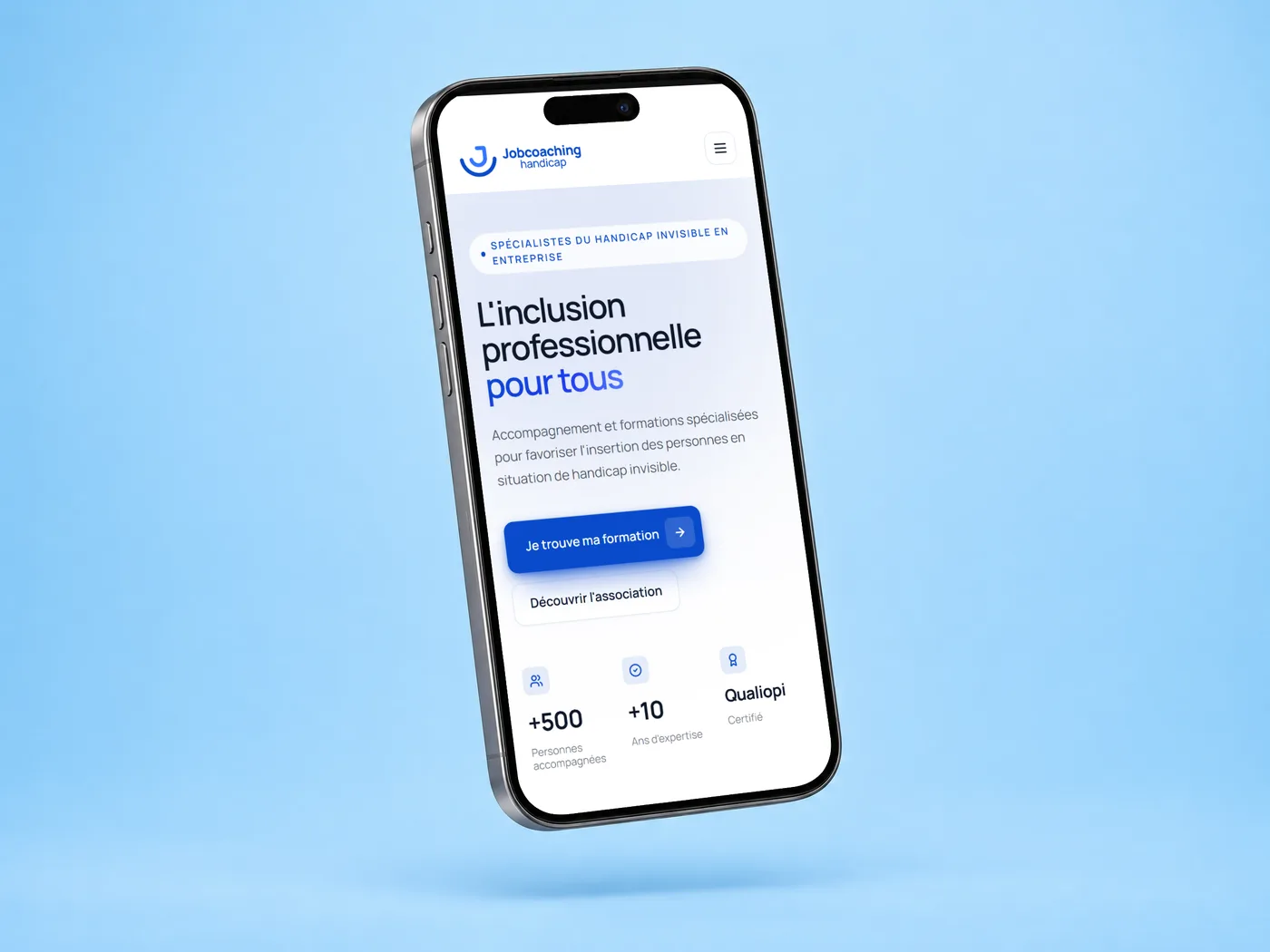 Le site Job Coaching Handicap sur un téléphone, sur fond bleu ciel