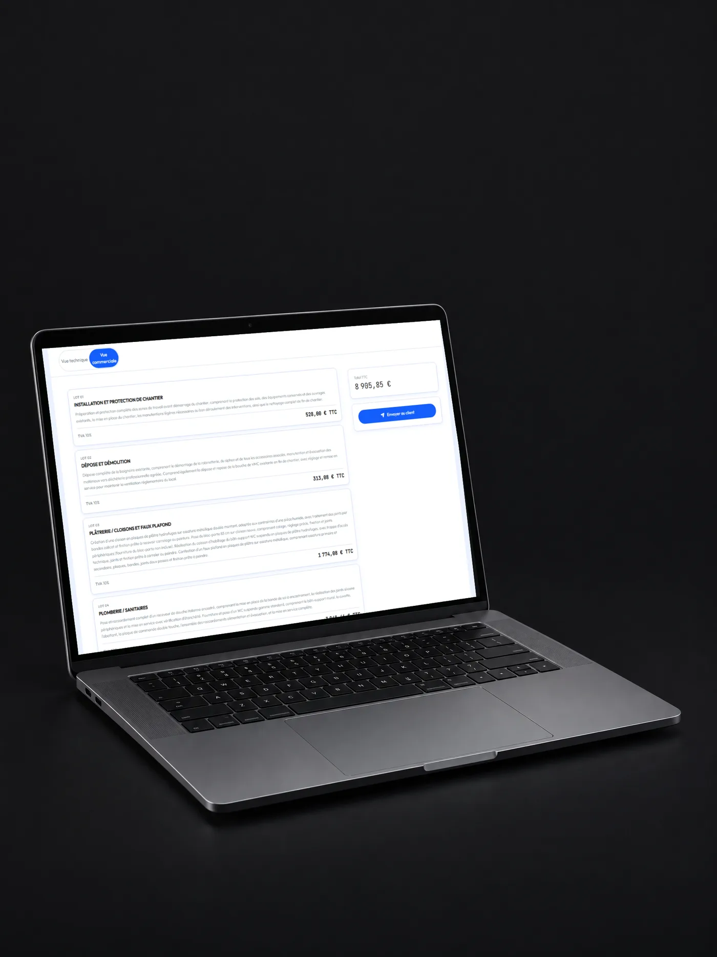Une application web de gestion affichée sur un ordinateur portable