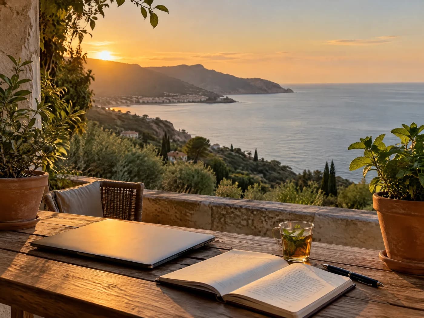 Une terrasse au soleil couchant face à la mer, un carnet et un verre de thé sur la table