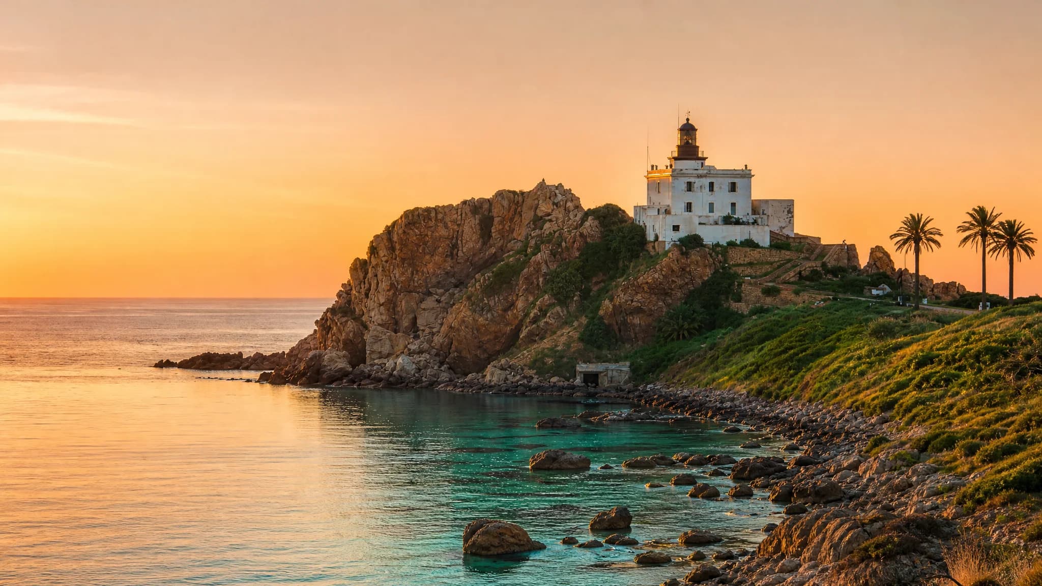 Le grand phare de Jijel, blanc, sur son cap rocheux au bord de la mer calme, au coucher du soleil