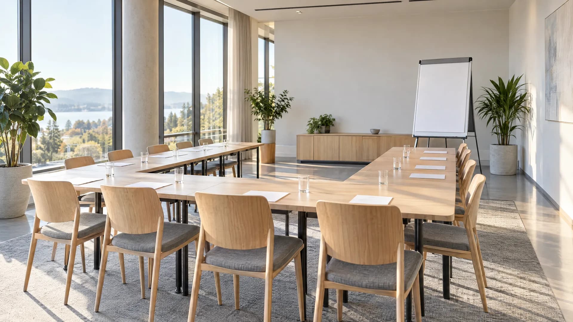 Une salle de formation lumineuse et vide, des chaises en U et un tableau de papier blanc