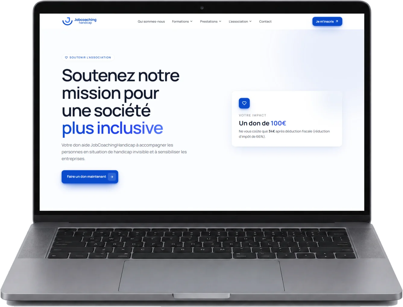 La page de don de Job Coaching Handicap sur un ordinateur portable vu de face