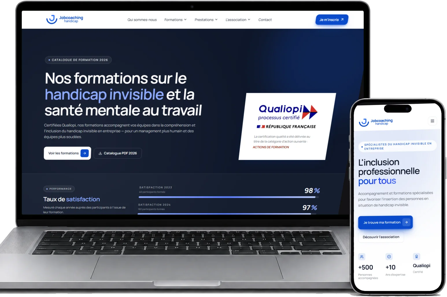 Le site Job Coaching Handicap sur un ordinateur portable et un iPhone, vus de face