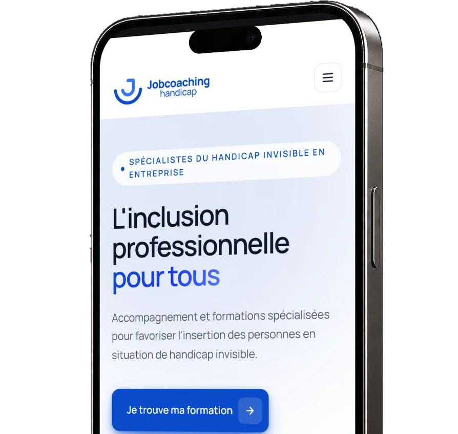 L'accueil de Job Coaching Handicap sur un iPhone, sur fond noir
