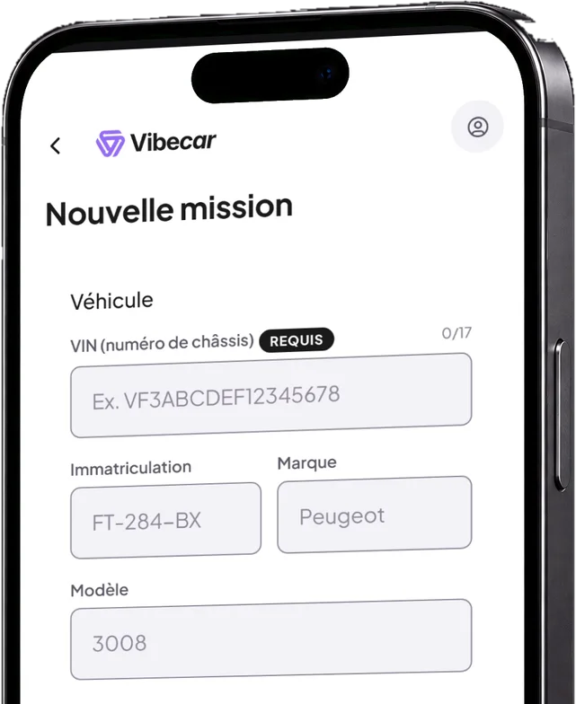 Le formulaire de nouvelle mission de Vibecar sur un iPhone vu de face