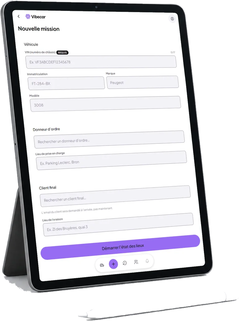 Le formulaire de nouvelle mission de Vibecar sur un iPad en portrait, avec un stylet