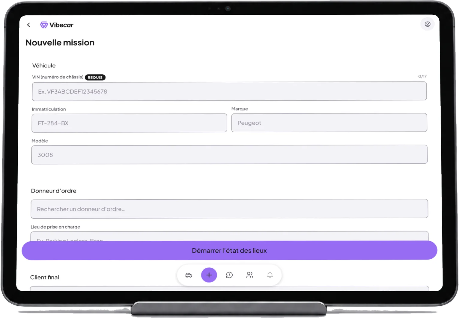 Le formulaire de nouvelle mission de Vibecar sur un iPad en paysage
