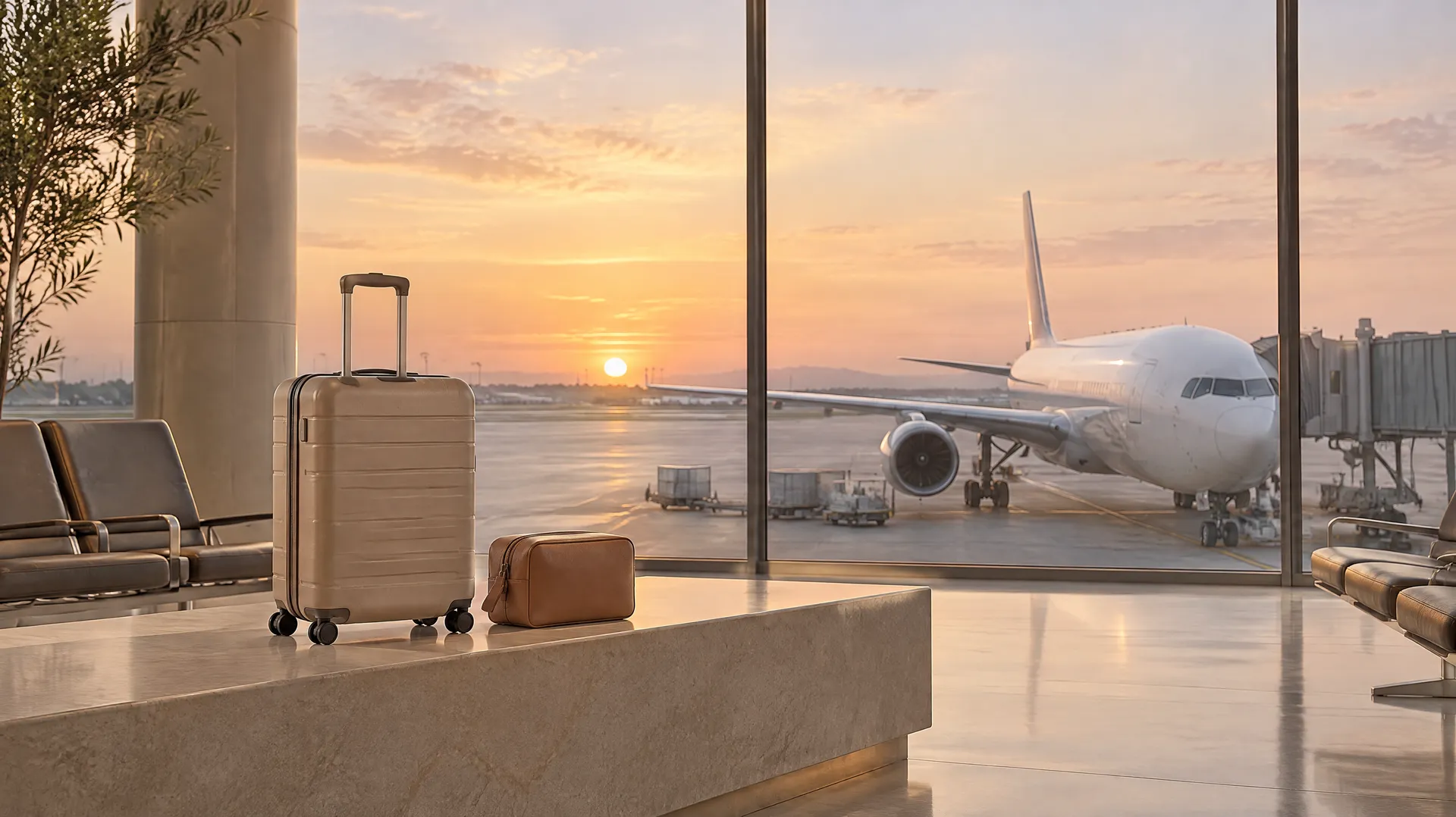 Un salon d'aéroport au lever du soleil, une valise devant la baie vitrée et un avion