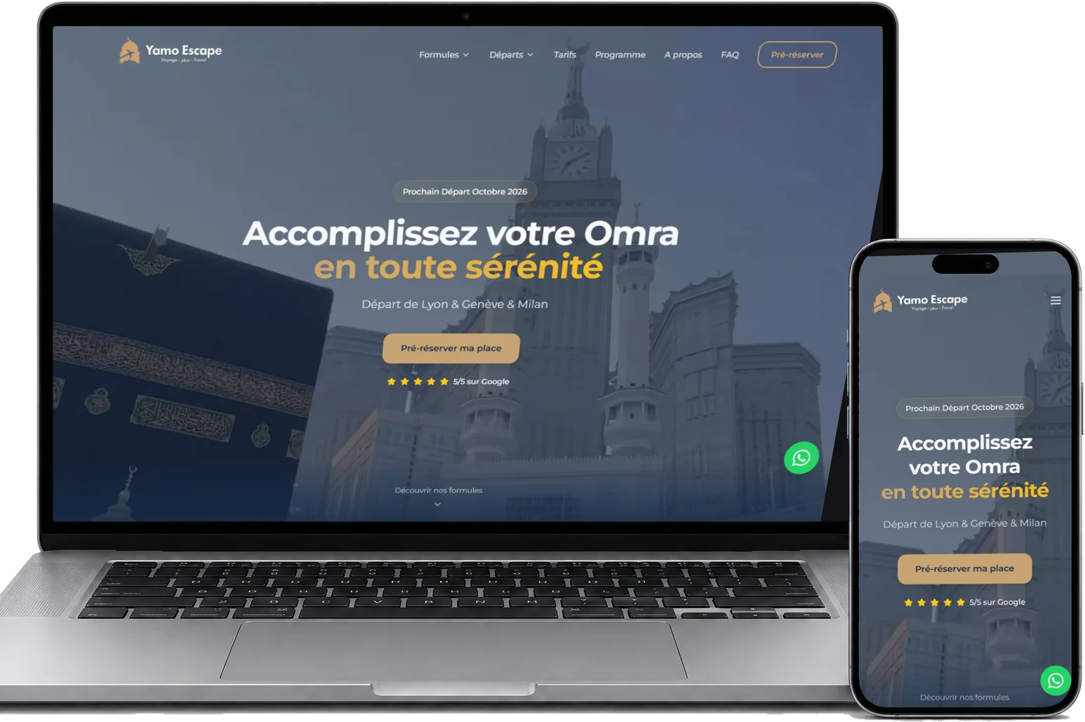Le site Yamo Escape sur un ordinateur portable et un iPhone, vus de face