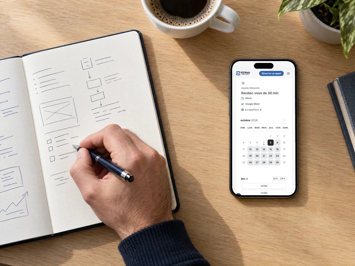 Une main prend des notes à côté d'un téléphone ouvert sur la réservation d'un appel