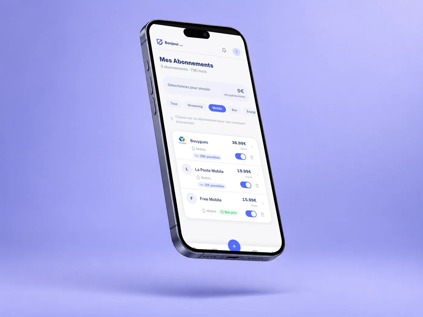 L'application SmartSaver sur un téléphone, sur fond lavande